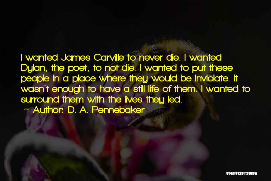 D. A. Pennebaker Quotes: I Wanted James Carville To Never Die. I Wanted Dylan, The Poet, To Not Die. I Wanted To Put These