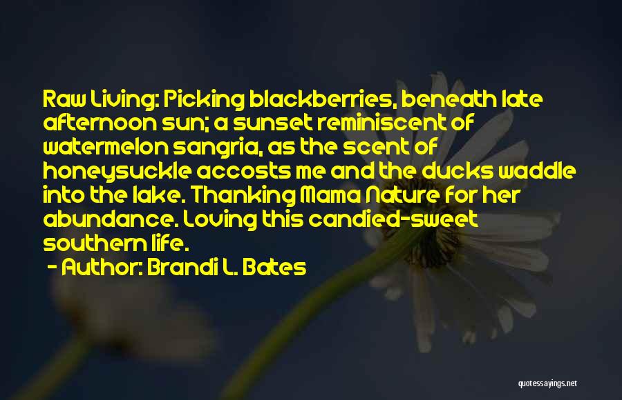 Brandi L. Bates Quotes: Raw Living: Picking Blackberries, Beneath Late Afternoon Sun; A Sunset Reminiscent Of Watermelon Sangria, As The Scent Of Honeysuckle Accosts