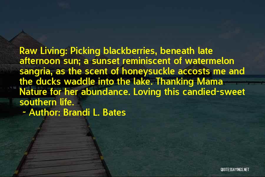 Brandi L. Bates Quotes: Raw Living: Picking Blackberries, Beneath Late Afternoon Sun; A Sunset Reminiscent Of Watermelon Sangria, As The Scent Of Honeysuckle Accosts