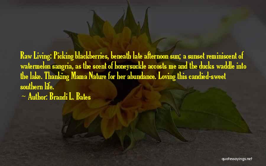 Brandi L. Bates Quotes: Raw Living: Picking Blackberries, Beneath Late Afternoon Sun; A Sunset Reminiscent Of Watermelon Sangria, As The Scent Of Honeysuckle Accosts