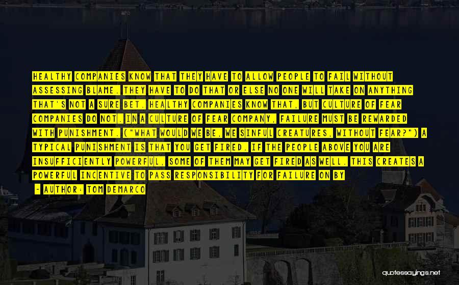 Tom DeMarco Quotes: Healthy Companies Know That They Have To Allow People To Fail Without Assessing Blame. They Have To Do That Or