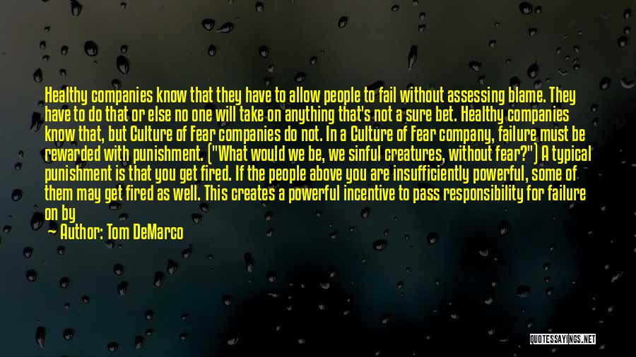 Tom DeMarco Quotes: Healthy Companies Know That They Have To Allow People To Fail Without Assessing Blame. They Have To Do That Or