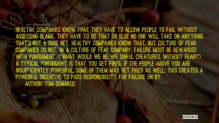 Tom DeMarco Quotes: Healthy Companies Know That They Have To Allow People To Fail Without Assessing Blame. They Have To Do That Or