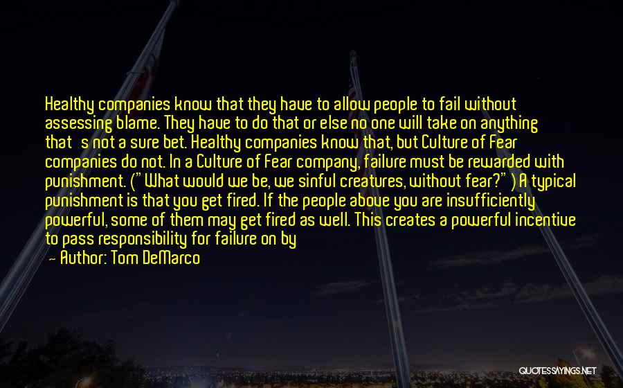 Tom DeMarco Quotes: Healthy Companies Know That They Have To Allow People To Fail Without Assessing Blame. They Have To Do That Or