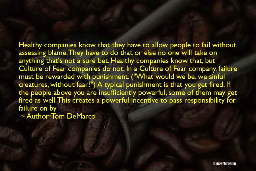 Tom DeMarco Quotes: Healthy Companies Know That They Have To Allow People To Fail Without Assessing Blame. They Have To Do That Or