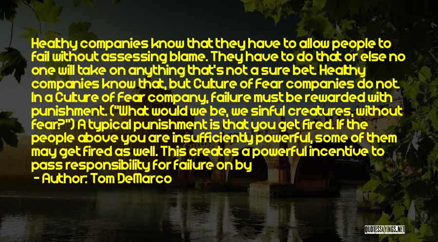 Tom DeMarco Quotes: Healthy Companies Know That They Have To Allow People To Fail Without Assessing Blame. They Have To Do That Or