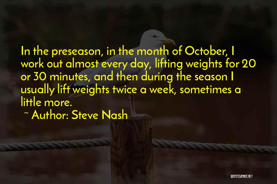 Steve Nash Quotes: In The Preseason, In The Month Of October, I Work Out Almost Every Day, Lifting Weights For 20 Or 30
