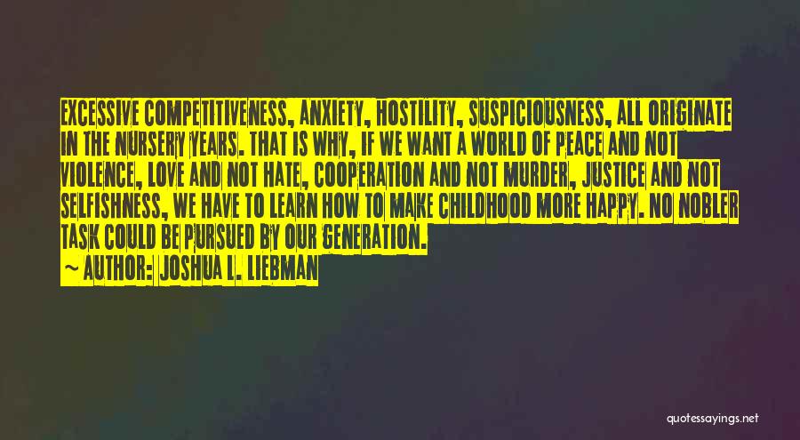 Joshua L. Liebman Quotes: Excessive Competitiveness, Anxiety, Hostility, Suspiciousness, All Originate In The Nursery Years. That Is Why, If We Want A World Of