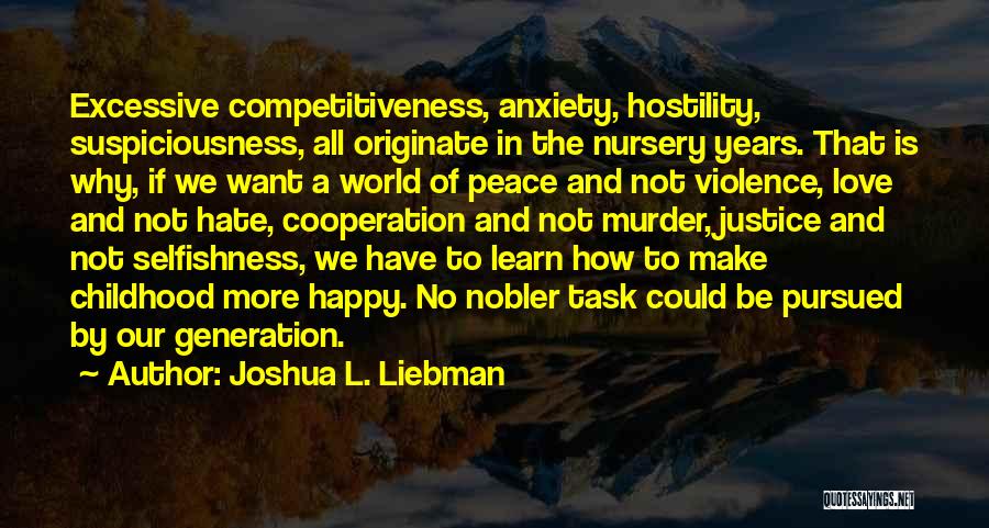 Joshua L. Liebman Quotes: Excessive Competitiveness, Anxiety, Hostility, Suspiciousness, All Originate In The Nursery Years. That Is Why, If We Want A World Of