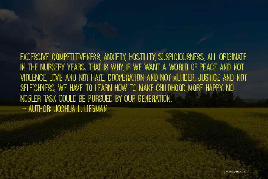 Joshua L. Liebman Quotes: Excessive Competitiveness, Anxiety, Hostility, Suspiciousness, All Originate In The Nursery Years. That Is Why, If We Want A World Of