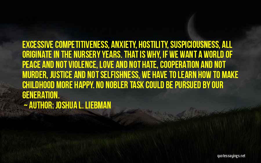 Joshua L. Liebman Quotes: Excessive Competitiveness, Anxiety, Hostility, Suspiciousness, All Originate In The Nursery Years. That Is Why, If We Want A World Of