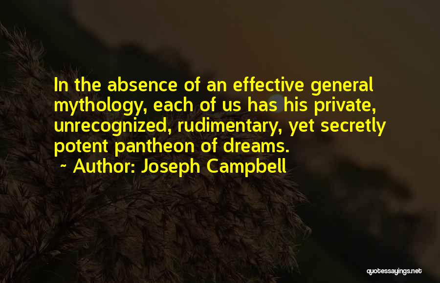 Joseph Campbell Quotes: In The Absence Of An Effective General Mythology, Each Of Us Has His Private, Unrecognized, Rudimentary, Yet Secretly Potent Pantheon