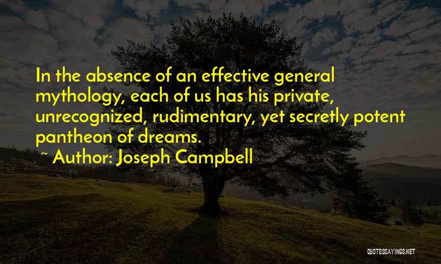 Joseph Campbell Quotes: In The Absence Of An Effective General Mythology, Each Of Us Has His Private, Unrecognized, Rudimentary, Yet Secretly Potent Pantheon