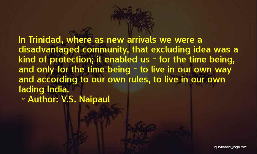 V.S. Naipaul Quotes: In Trinidad, Where As New Arrivals We Were A Disadvantaged Community, That Excluding Idea Was A Kind Of Protection; It