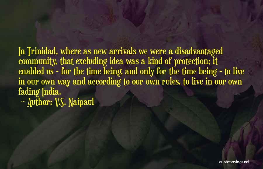 V.S. Naipaul Quotes: In Trinidad, Where As New Arrivals We Were A Disadvantaged Community, That Excluding Idea Was A Kind Of Protection; It