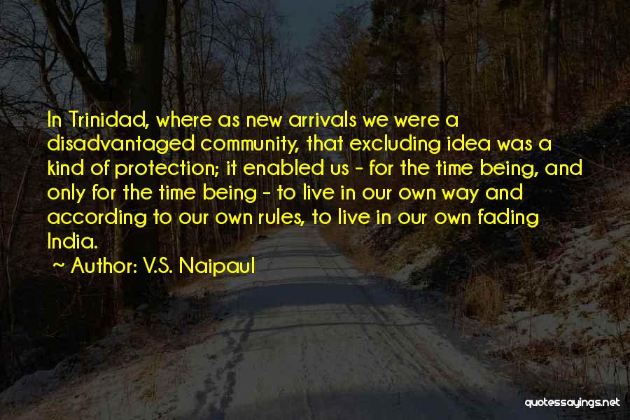 V.S. Naipaul Quotes: In Trinidad, Where As New Arrivals We Were A Disadvantaged Community, That Excluding Idea Was A Kind Of Protection; It