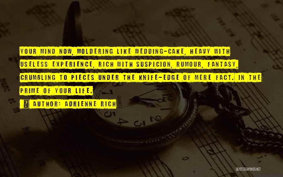 Adrienne Rich Quotes: Your Mind Now, Moldering Like Wedding-cake, Heavy With Useless Experience, Rich With Suspicion, Rumour, Fantasy, Crumbling To Pieces Under The