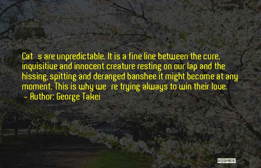 George Takei Quotes: Cat's Are Unpredictable. It Is A Fine Line Between The Cure, Inquisitive And Innocent Creature Resting On Our Lap And