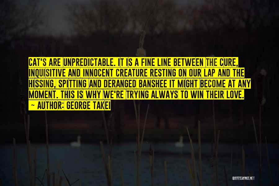 George Takei Quotes: Cat's Are Unpredictable. It Is A Fine Line Between The Cure, Inquisitive And Innocent Creature Resting On Our Lap And