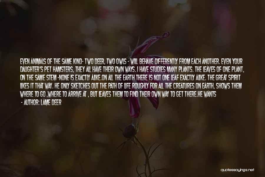 Lame Deer Quotes: Even Animals Of The Same Kind- Two Deer, Two Owls - Will Behave Differently From Each Another. Even Your Daughter's