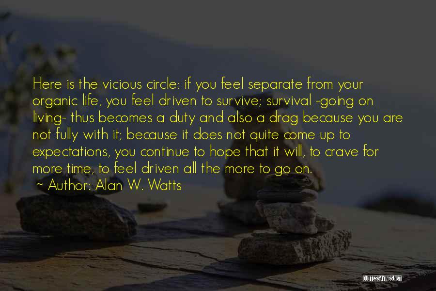 Alan W. Watts Quotes: Here Is The Vicious Circle: If You Feel Separate From Your Organic Life, You Feel Driven To Survive; Survival -going