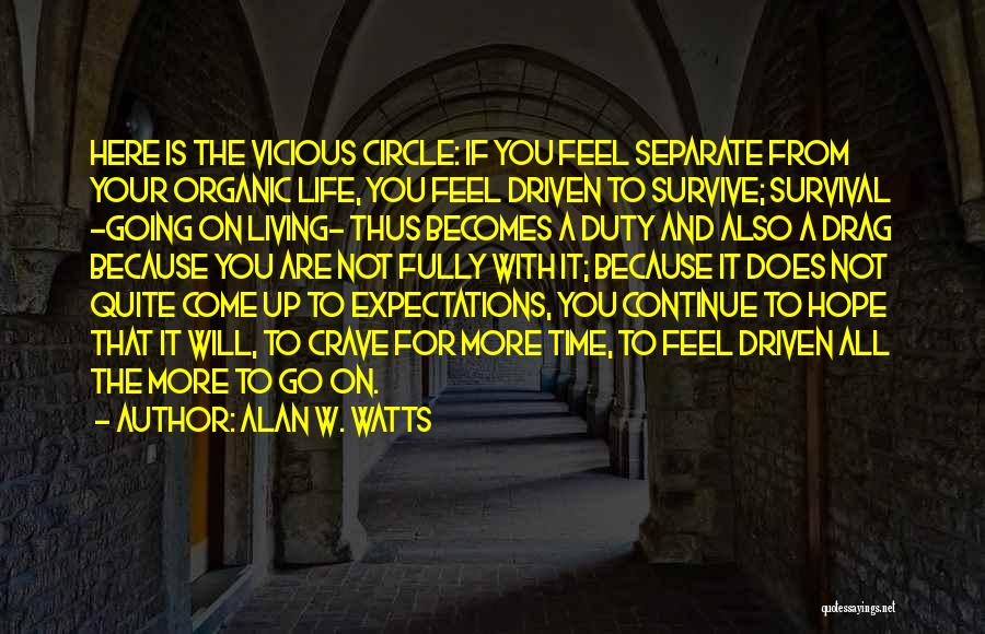 Alan W. Watts Quotes: Here Is The Vicious Circle: If You Feel Separate From Your Organic Life, You Feel Driven To Survive; Survival -going