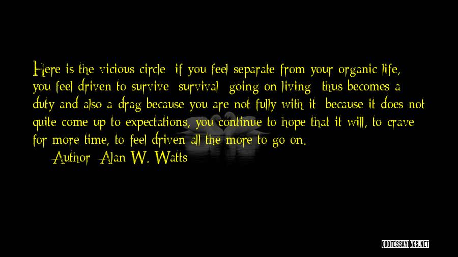 Alan W. Watts Quotes: Here Is The Vicious Circle: If You Feel Separate From Your Organic Life, You Feel Driven To Survive; Survival -going