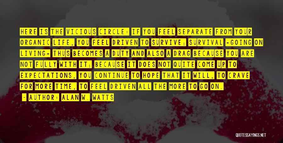 Alan W. Watts Quotes: Here Is The Vicious Circle: If You Feel Separate From Your Organic Life, You Feel Driven To Survive; Survival -going