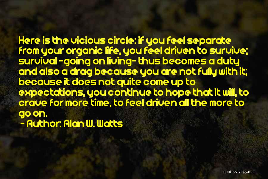 Alan W. Watts Quotes: Here Is The Vicious Circle: If You Feel Separate From Your Organic Life, You Feel Driven To Survive; Survival -going