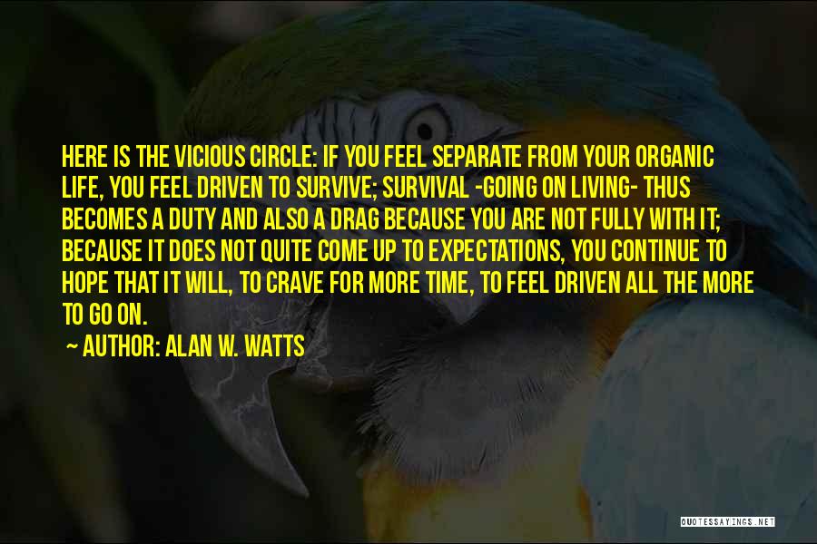 Alan W. Watts Quotes: Here Is The Vicious Circle: If You Feel Separate From Your Organic Life, You Feel Driven To Survive; Survival -going