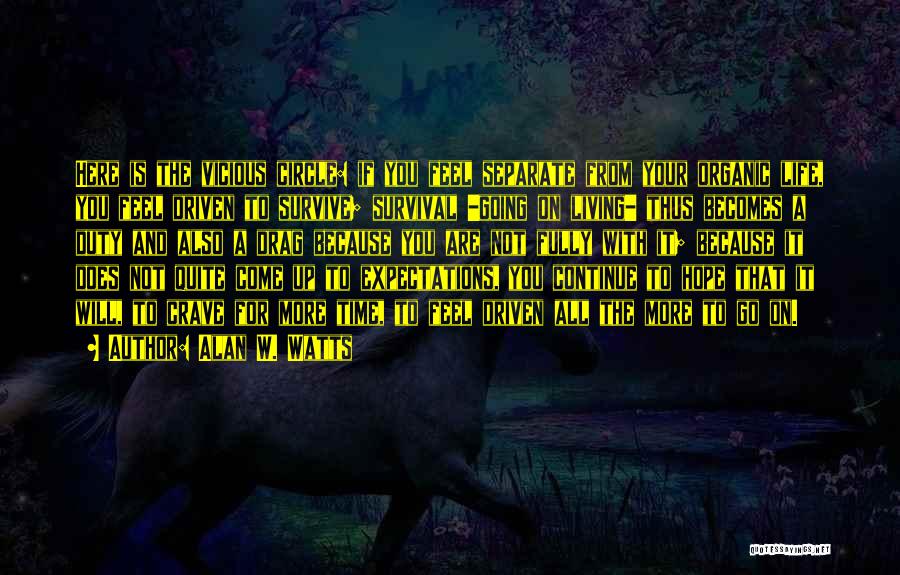 Alan W. Watts Quotes: Here Is The Vicious Circle: If You Feel Separate From Your Organic Life, You Feel Driven To Survive; Survival -going