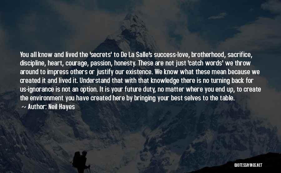 Neil Hayes Quotes: You All Know And Lived The 'secrets' To De La Salle's Success-love, Brotherhood, Sacrifice, Discipline, Heart, Courage, Passion, Honesty. These