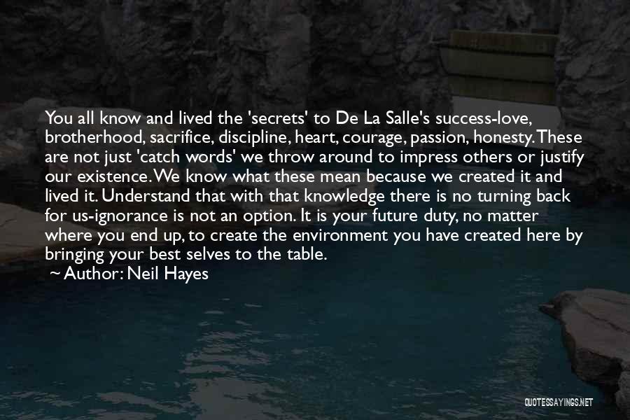 Neil Hayes Quotes: You All Know And Lived The 'secrets' To De La Salle's Success-love, Brotherhood, Sacrifice, Discipline, Heart, Courage, Passion, Honesty. These