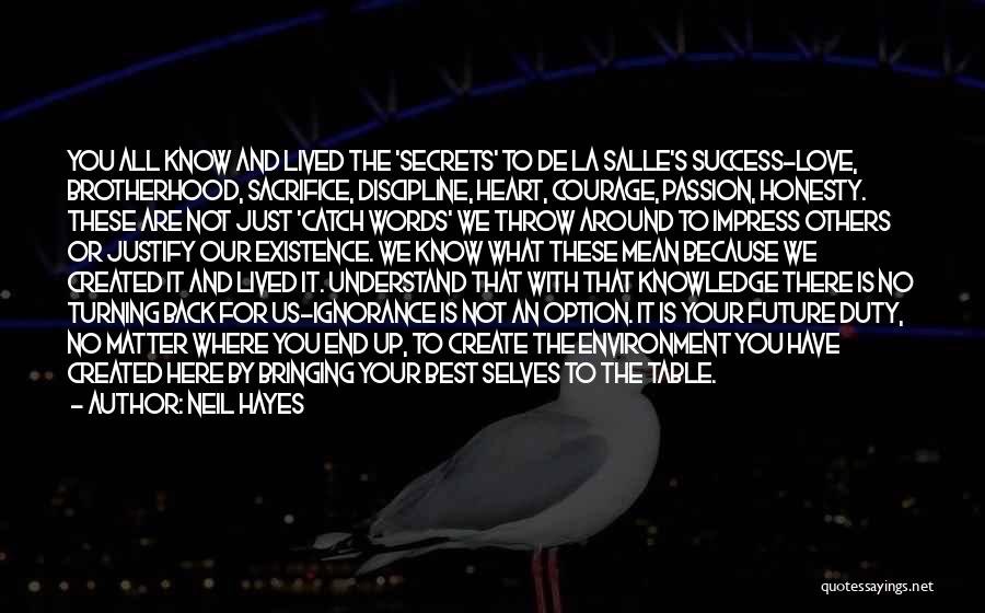 Neil Hayes Quotes: You All Know And Lived The 'secrets' To De La Salle's Success-love, Brotherhood, Sacrifice, Discipline, Heart, Courage, Passion, Honesty. These