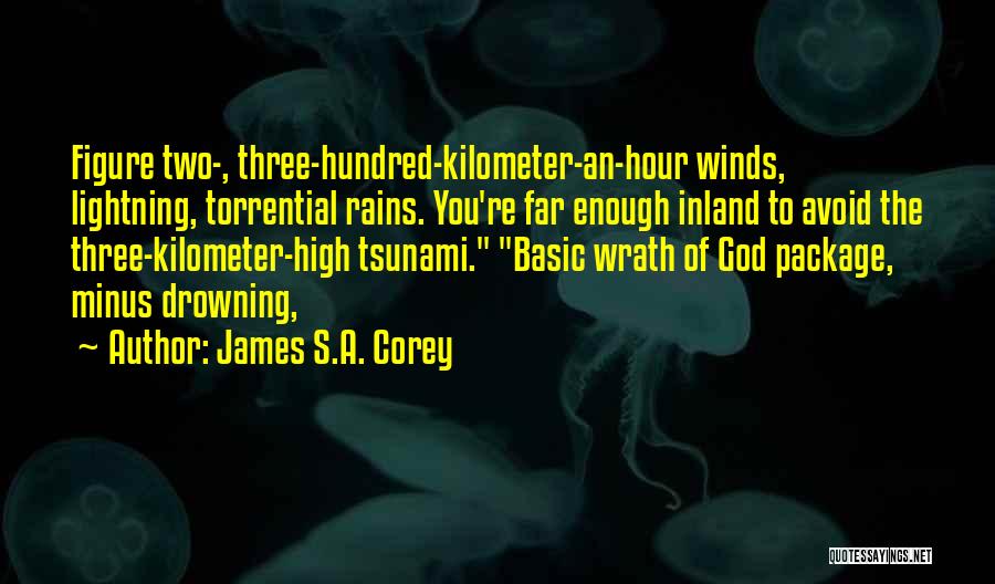 James S.A. Corey Quotes: Figure Two-, Three-hundred-kilometer-an-hour Winds, Lightning, Torrential Rains. You're Far Enough Inland To Avoid The Three-kilometer-high Tsunami. Basic Wrath Of God