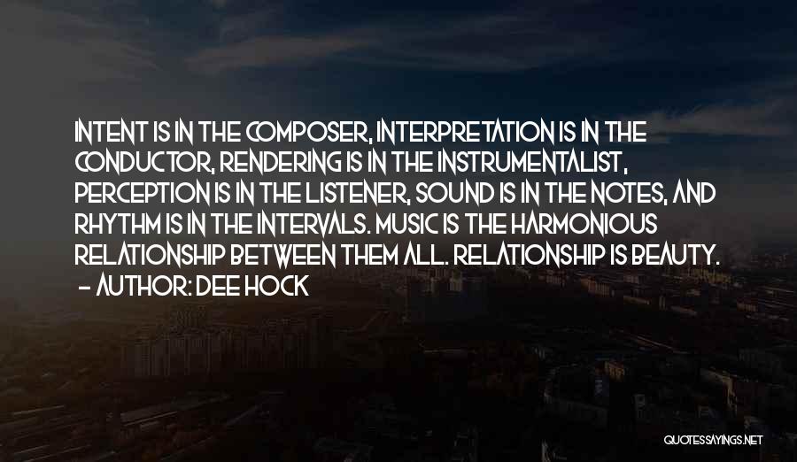 Dee Hock Quotes: Intent Is In The Composer, Interpretation Is In The Conductor, Rendering Is In The Instrumentalist, Perception Is In The Listener,