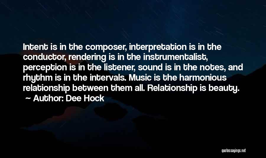 Dee Hock Quotes: Intent Is In The Composer, Interpretation Is In The Conductor, Rendering Is In The Instrumentalist, Perception Is In The Listener,