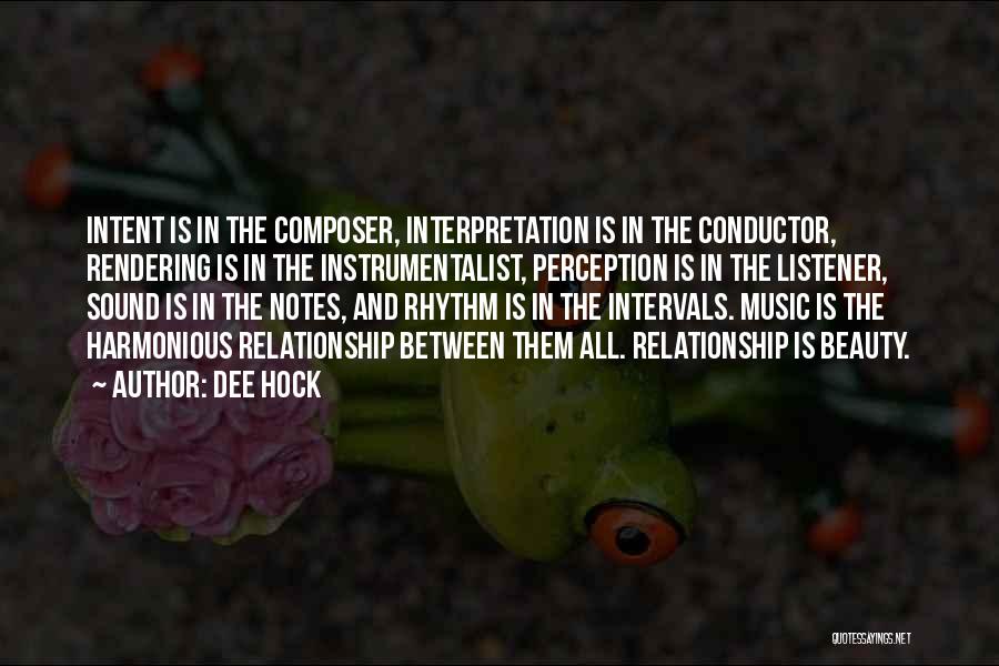 Dee Hock Quotes: Intent Is In The Composer, Interpretation Is In The Conductor, Rendering Is In The Instrumentalist, Perception Is In The Listener,