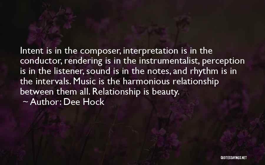 Dee Hock Quotes: Intent Is In The Composer, Interpretation Is In The Conductor, Rendering Is In The Instrumentalist, Perception Is In The Listener,