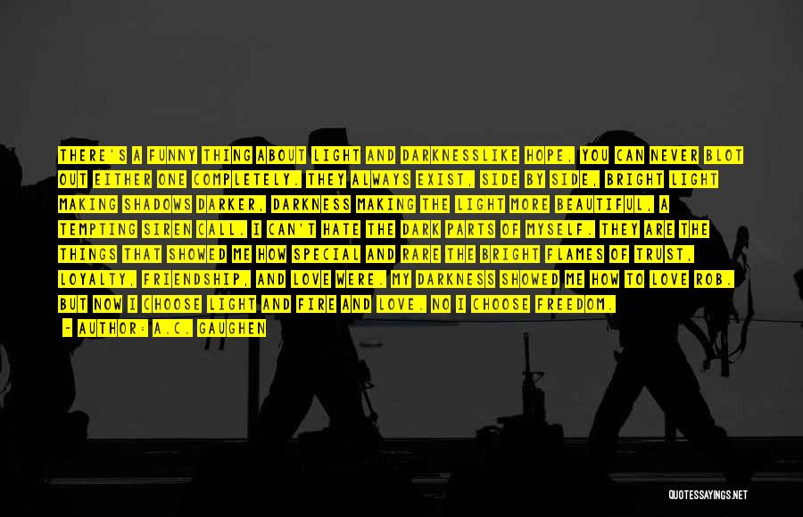 A.C. Gaughen Quotes: There's A Funny Thing About Light And Darknesslike Hope, You Can Never Blot Out Either One Completely. They Always Exist,