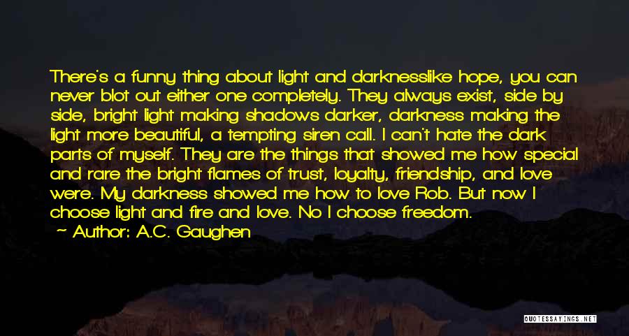 A.C. Gaughen Quotes: There's A Funny Thing About Light And Darknesslike Hope, You Can Never Blot Out Either One Completely. They Always Exist,