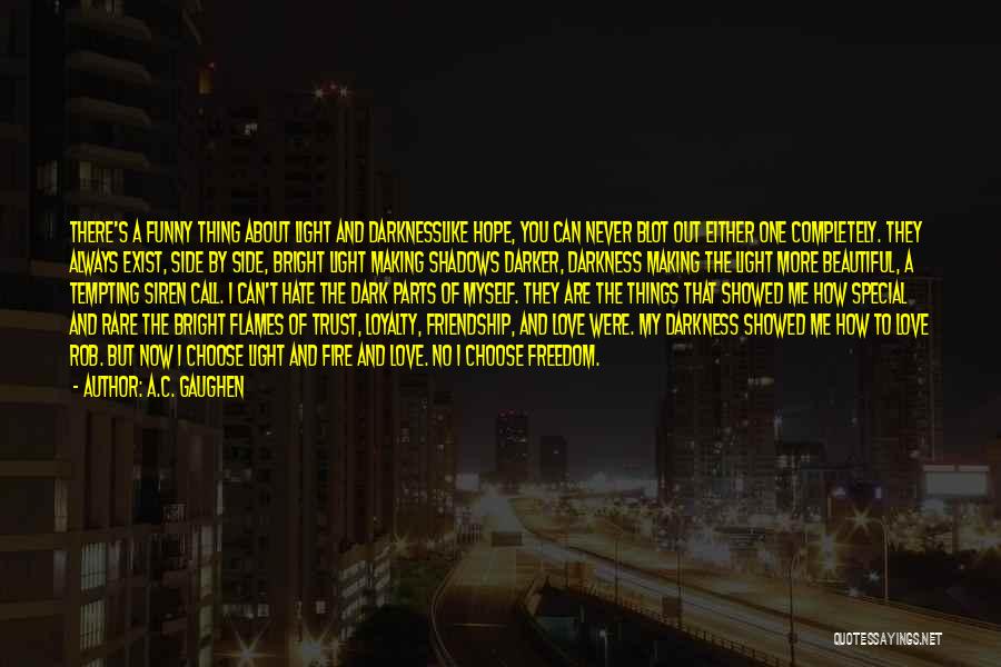 A.C. Gaughen Quotes: There's A Funny Thing About Light And Darknesslike Hope, You Can Never Blot Out Either One Completely. They Always Exist,