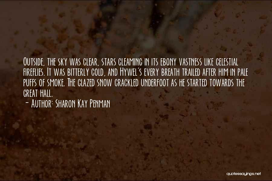 Sharon Kay Penman Quotes: Outside, The Sky Was Clear, Stars Gleaming In Its Ebony Vastness Like Celestial Fireflies. It Was Bitterly Cold, And Hywel's