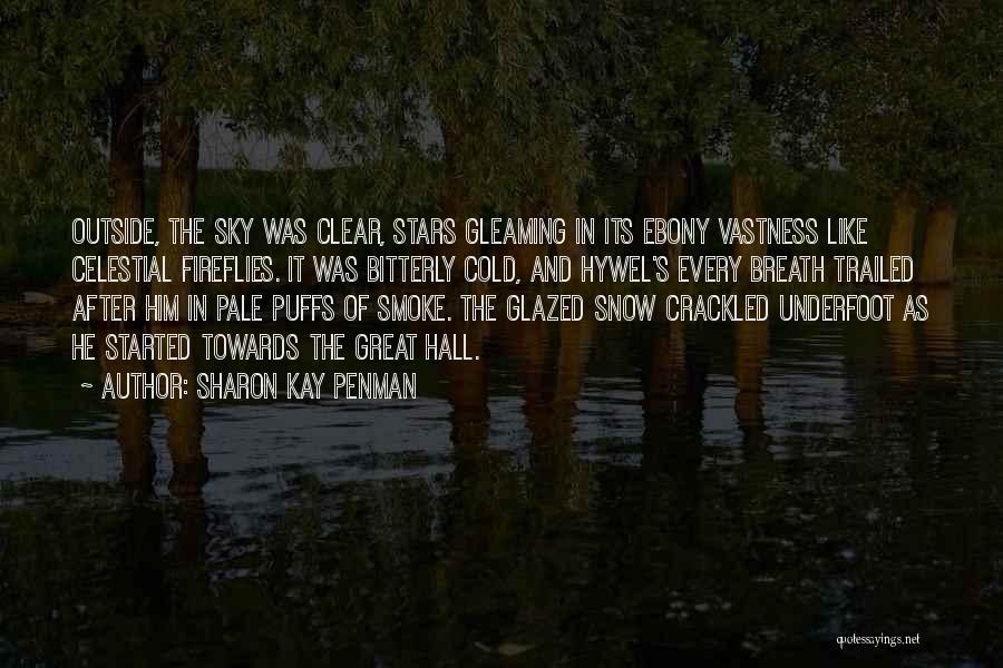 Sharon Kay Penman Quotes: Outside, The Sky Was Clear, Stars Gleaming In Its Ebony Vastness Like Celestial Fireflies. It Was Bitterly Cold, And Hywel's