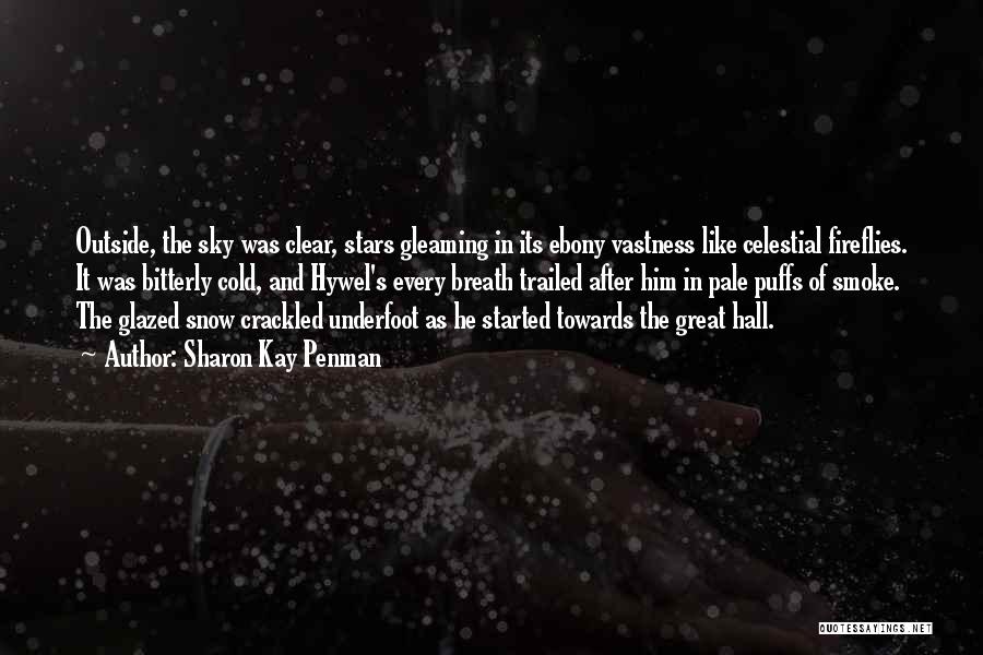 Sharon Kay Penman Quotes: Outside, The Sky Was Clear, Stars Gleaming In Its Ebony Vastness Like Celestial Fireflies. It Was Bitterly Cold, And Hywel's