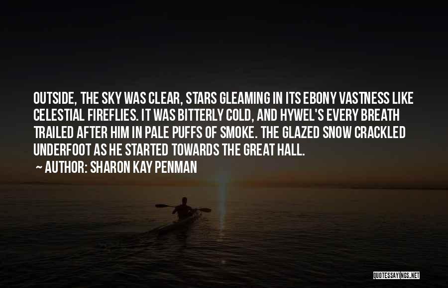 Sharon Kay Penman Quotes: Outside, The Sky Was Clear, Stars Gleaming In Its Ebony Vastness Like Celestial Fireflies. It Was Bitterly Cold, And Hywel's