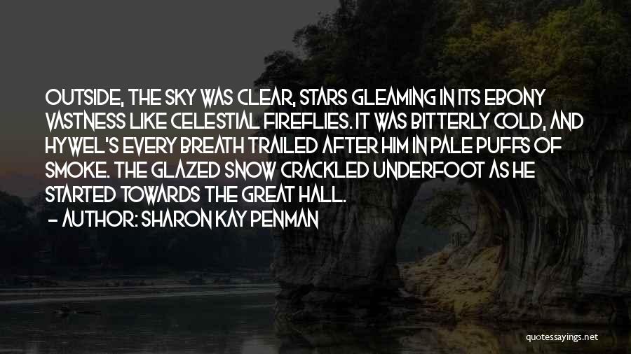 Sharon Kay Penman Quotes: Outside, The Sky Was Clear, Stars Gleaming In Its Ebony Vastness Like Celestial Fireflies. It Was Bitterly Cold, And Hywel's