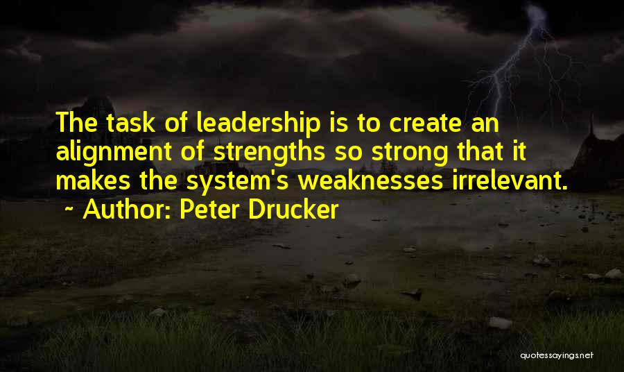 Peter Drucker Quotes: The Task Of Leadership Is To Create An Alignment Of Strengths So Strong That It Makes The System's Weaknesses Irrelevant.