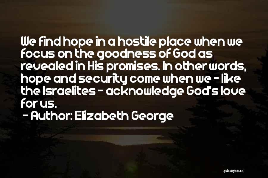 Elizabeth George Quotes: We Find Hope In A Hostile Place When We Focus On The Goodness Of God As Revealed In His Promises.