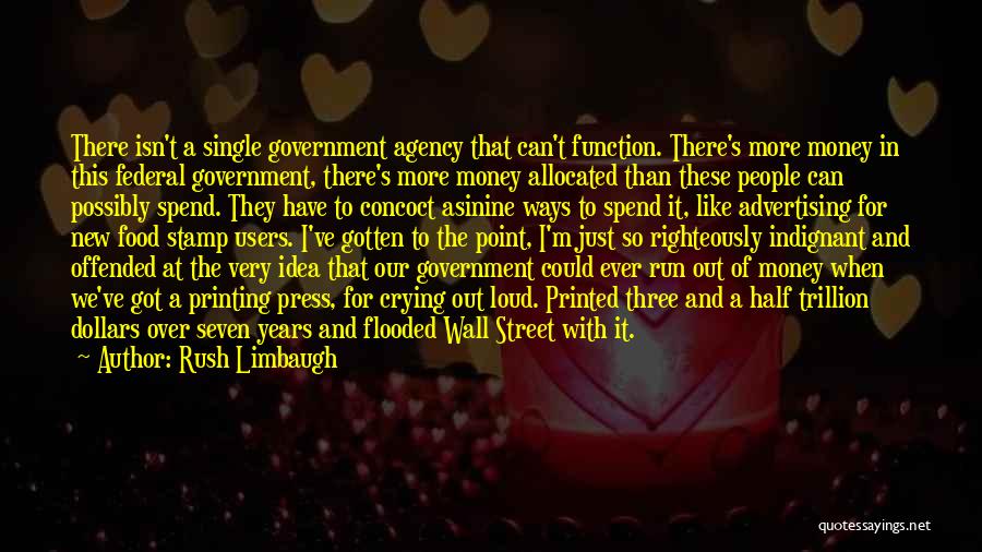 Rush Limbaugh Quotes: There Isn't A Single Government Agency That Can't Function. There's More Money In This Federal Government, There's More Money Allocated